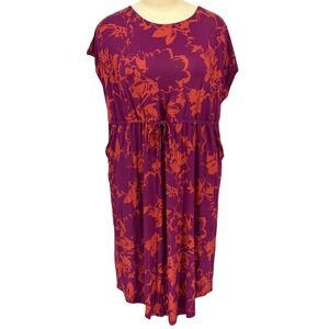 Terra & Sky Midi Dress Purple Floral Drawstring Waist Pockets 2X (20W-22W)